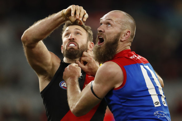 Cale Hooker of the Bombers and Max Gawn of the Demons compete during the round 15 match.