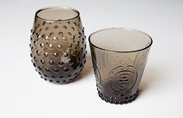 Ole Smoky: Contrast smoke-hued water tumblers with transparent wine glasses to add drama to the tablescape. From $5. freedom.com.au