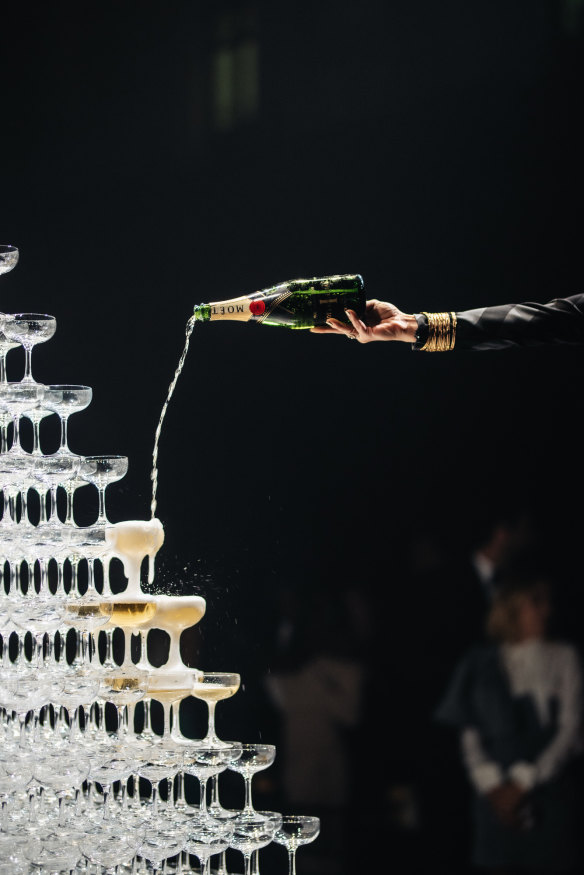Champagne tower at Moët's 150 anniversary celebrations at Sydney Town Hall.