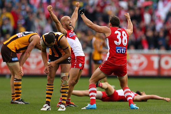 The 2012 grand final feature major lurches of momentum, and a thrilling finish, in which Sydney prevailed over Hawthorn with two late goals.