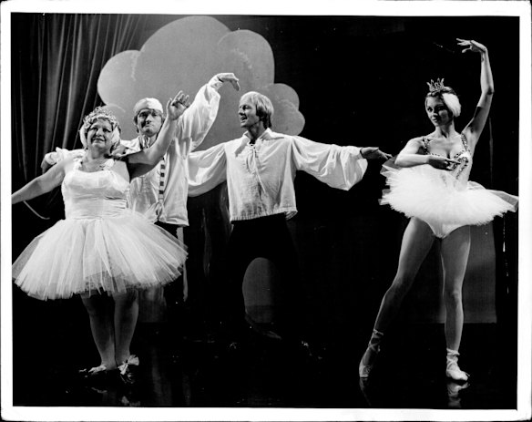 L to R: Beryl Cheers, John Cornell, Paul Hogan, Delvene Delaney on the set of The Paul Hogan Show. January 01, 1976.