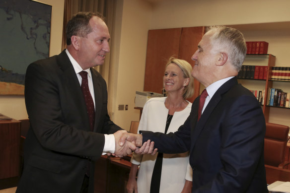 February 11, 2016: Malcolm Turnbull congratulates Deputy Prime Minister-designate Barnaby Joyce and deputy Nationals leader Fiona Nash after the Nationals leadership ballot .