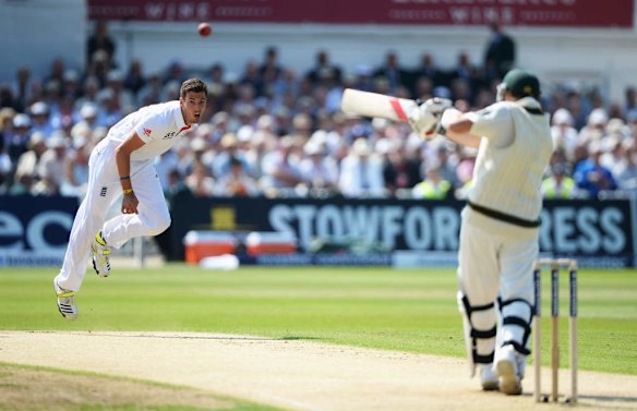 Steven Finn of England bowls to Steve Smith of Australia during day two of the 1st Investec Ashes Test match between England and Australia at Trent Bridge Cricket Ground.