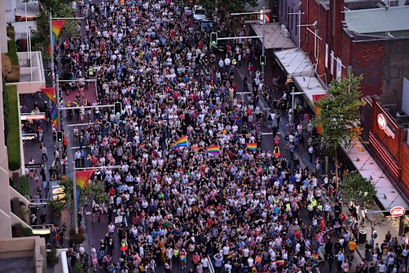 Supporters for the YES vote for marriage equality march down Oxford St from Taylor Square in Darlinghurst.