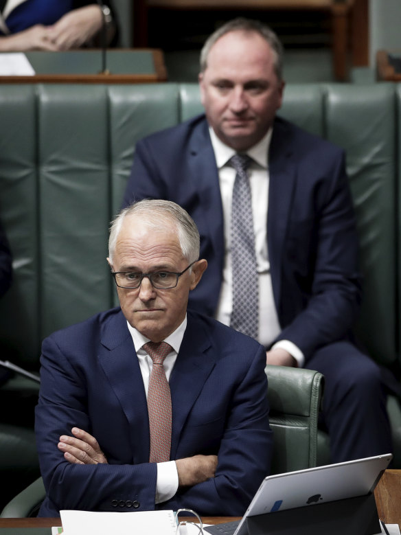 February 7, 2018: Barnaby Joyce and Malcolm Turnbull take their seats for Question Time as debate rages about the Deputy Prime Minister's affair.