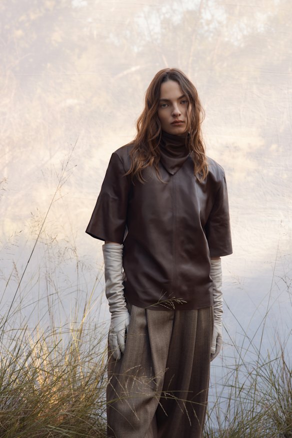 Scanlan Theodore leather top, $950, and gloves, $600. Christopher Esber pants, $1395.