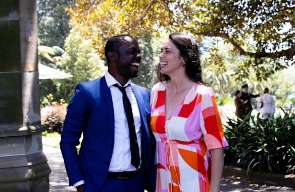 Daniel Mensah from Ghana became an Australian citizen after initially coming here on a Partner visa sponsored by his Australian wife, Nadia Samperi, at the Australia Day Salute to Australia ceremony at Government House in Sydney.
