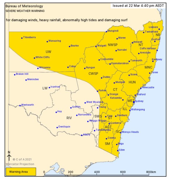 The severe weather warning issued by the Bureau of Meteorology at 4.40pm, Monday, March 22, 2021.