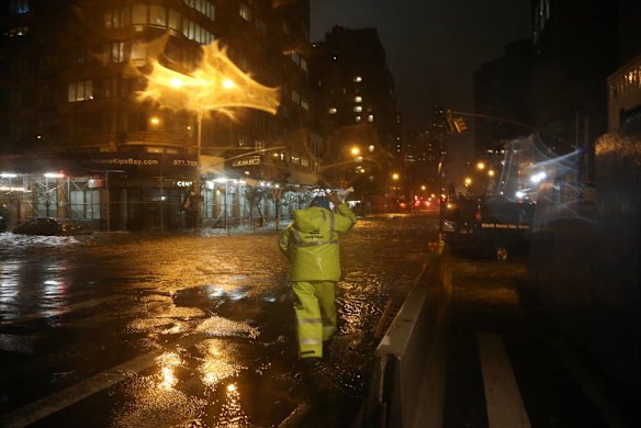 A view of the corner of 34th Street and 1st Street in Manhattan during rains from Hurricane Sandy in New York City.