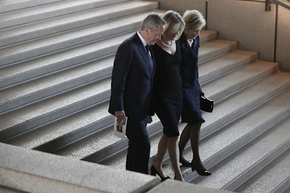 Former Opposition Leader Bill Shorten, Chloe Shorten and former Governor-General Quentin Bryce departing after the state memorial service for former Prime Minister Bob Hawke at the Sydney Opera House.
