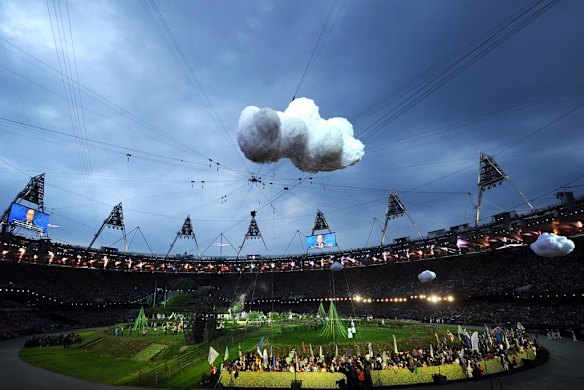 A general view of the the set depicting the English countryside during the Opening Ceremony.