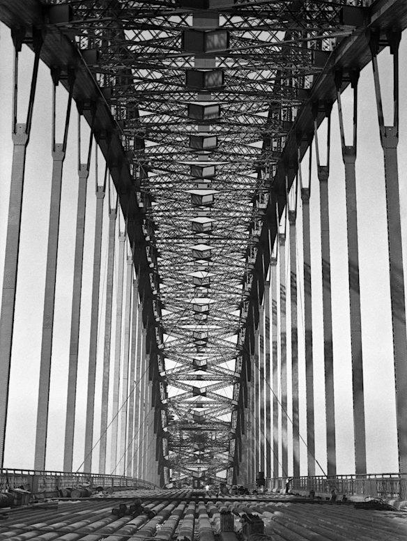 Steel troughs of the roadway deck prior to coke concrete being poured into them during construction of the Sydney Harbour Bridge.