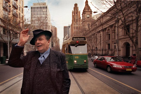 Barry Humphries during promotional duties  for the biggest and tallest commercial building in Melbourne, The Grand Central Tower.