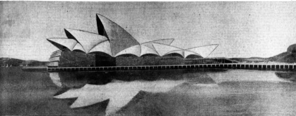 Jorn Utzon’s winning design for a National Opera House at Bennelong Point published on the front page of 
The Sydney Morning Herald, January 30, 1957.