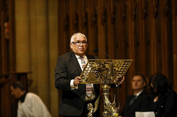 Mick Gooda speaks at the State Funeral for the Honourable Susan Maree Ryan AO held at Saint Mary's Cathedral in Sydney.