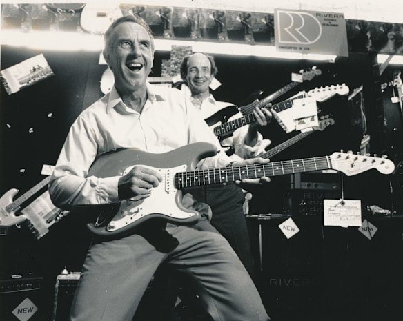 The Victorian Premier [L-R] John Cain (Jr.) and Health Minister David White. The Premier visited the Melbourne Music Show, the show is part of the Rage Without Alcohol campaign, so the Health Minister, David White, provided backing. 1988. 