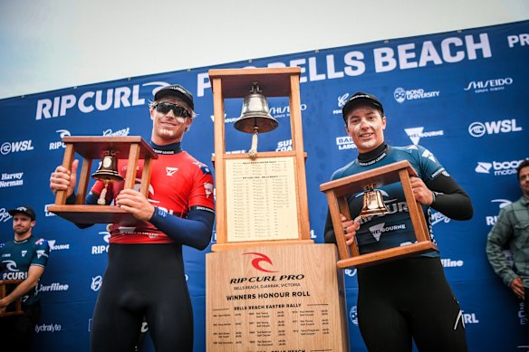 Ethan Ewing and Tyler Wright celebrate with their trophies.