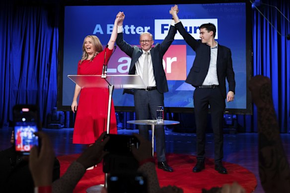 Anthony Albanese claims victory in the 2022 federal election, accompanied by his partner, Jodie Haydon, and son, Nathan. May 21, 2022.