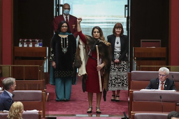 Senator Lidia Thorpe is sworn-in in the Senate, at Parliament House in Canberra.