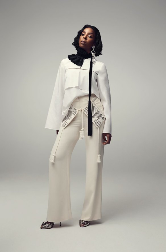 Sass and Bide “Pocket of Snow” shirt, $495, “Last Forever” trousers, $655, and “In Wonderment” neck piece, $150. Saint Laurent earrings, $1700, from Cosmopolitan Shoes. Christian Louboutin heels, $1495.
