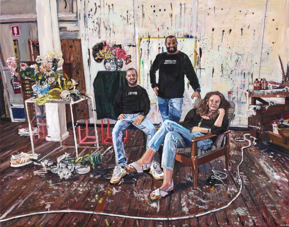 Incognito Art Show founders Ed and David Liston and Laura Jones in  Daniel Kim’s Archibald 2024 finalist painting.