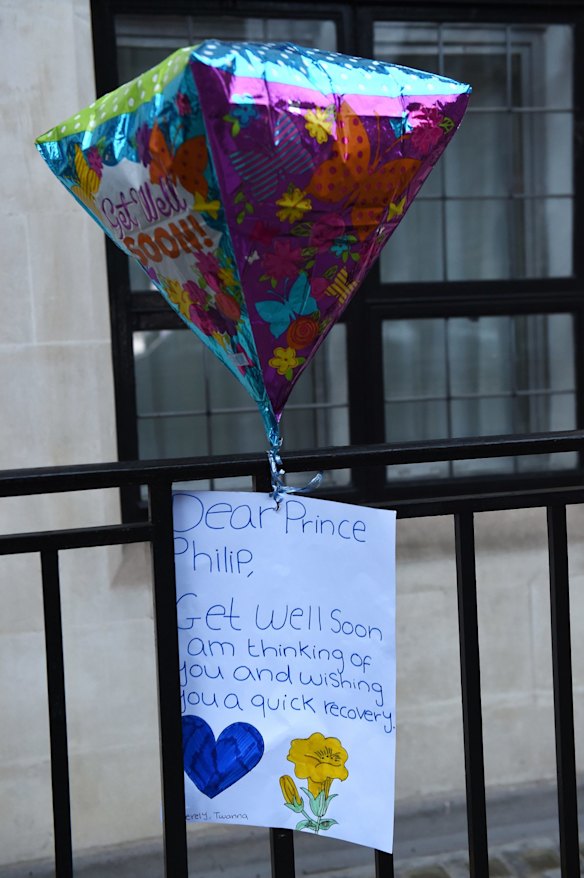 A balloon and message is seen outside the King Edward VII hospital where Prince Philip, Duke of Edinburgh is currently receiving treatment.