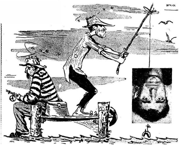 Illustration for article "Goon fishing" by Spike Milligan, first published in the Sydney Morning Herald on October 3, 1959