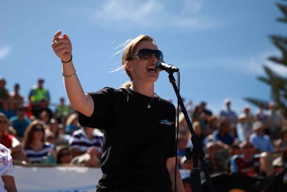 Protest organiser Natalie Banks addresses the crowd.
