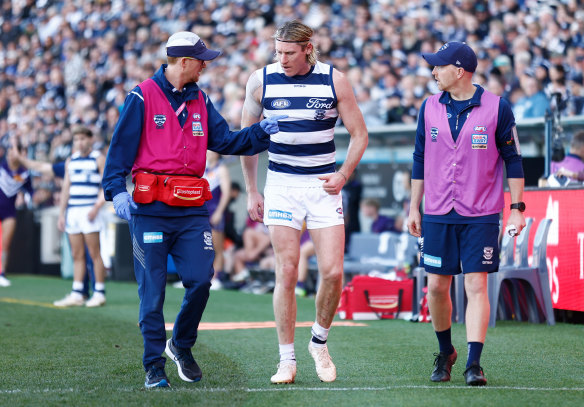 Feeling the strain: Geelong star Mark Blicavs hurt his left hamstring against Fremantle and faces an extended break on the sidelines.