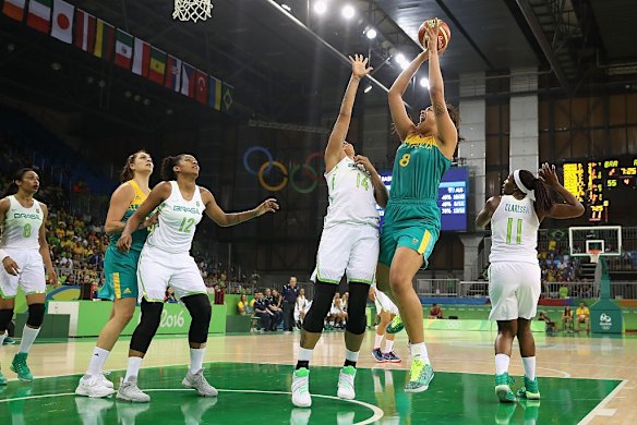 Opals centre Liz Cambage shoots against Brazil.