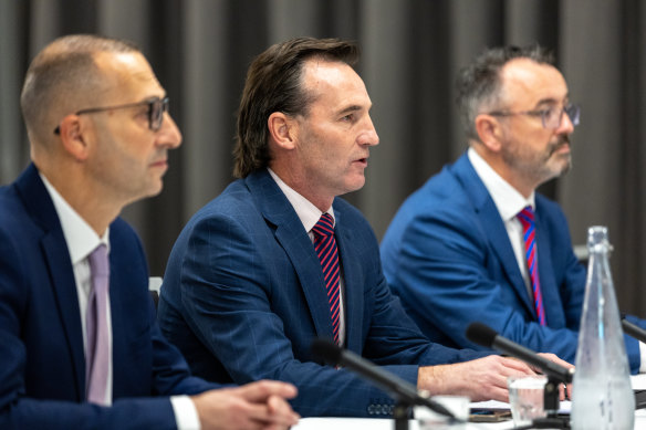 Question time: Michael Makdissi, the AFL’s chief medical officer), incoming chief executive Andrew Dillon and AFL general counsel Stephen Meade at the senate inquiry in April.