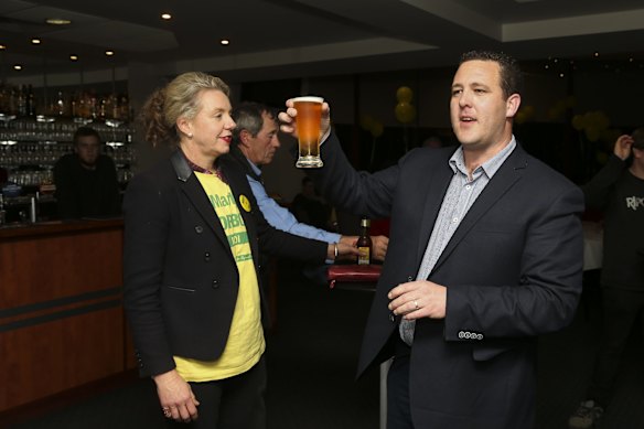 National Candidate for Indi Marty Corboy at his  election party at Wangarratta Turf Club. Here pictured with Senator Bridget McKenzie. 