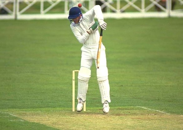 Peter Roebuck takes evasive action from a bouncer while playing for Somerset at a county game in 1986.