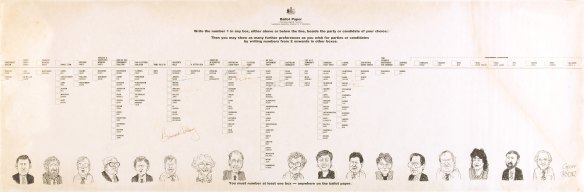 A copy of the massive  1989 ACT election ballot paper, adorned with sketches of the successful candidates by Geoff Pryor. There were 122 candidates from 22 political parties