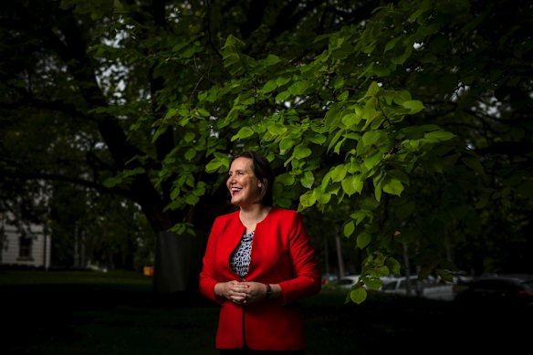 Minister for Women Kelly O'Dwyer outside 4 Treasury Place, Melbourne in 2018. Photograph by Chris Hopkins