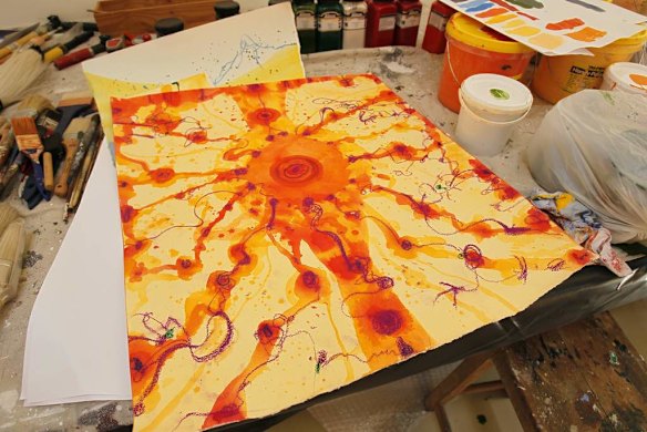 The scaled design being referenced during work on John Olsen's largest commissioned work, it will be hung in Melbourne.