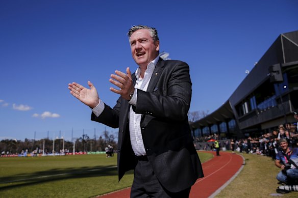 Fans at Collingwood football training today ahead of this weeks Preliminary final against GWS. President Eddie McGuire at training in 2019.