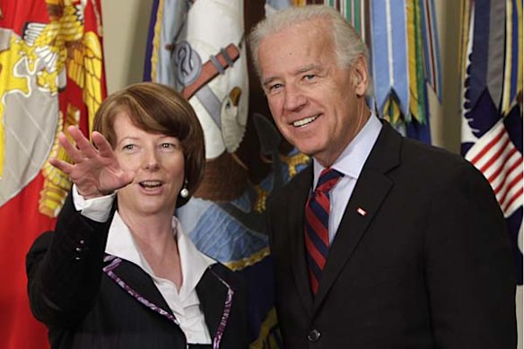 US Vice President Joe Biden meets with Julia Gillard before their meeting at the White House in June 2009.