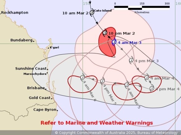 The forecast path of Tropical Cyclone Alfred as of Monday morning.