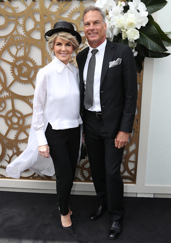 Julie Bishop and David Panton at the Kennedy marquee on Derby Day 2018.
