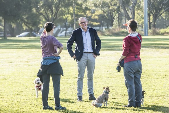 Federal Opposition leader Anthony Albanese out of COVID isolation at HJ Mahoney Memorial Park in Marrickville.