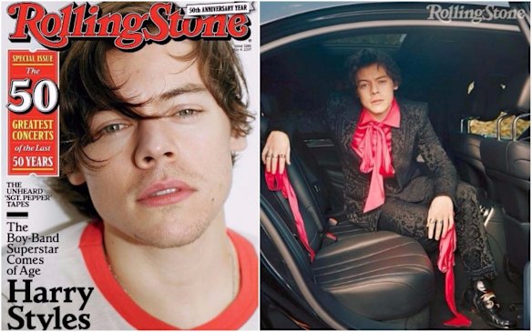 As part of his official press to launch his eponymous album, Styles spoke to Rolling Stone Magazine about fashion, his career and relationships. In the accompanying photo shoot shot by Theo Wenner, the star possesses a '70s rockstar vibe, channeling the androgynous fashions of Prince, Jagger and Bowie (two of his influences) into a new era. The star has been rocking a lot of daring Gucci, Yves Saint Laurent and in this picture he wears an Alexander McQueen jacquard floral suit.
Style note: Power florals are definitely a thing.