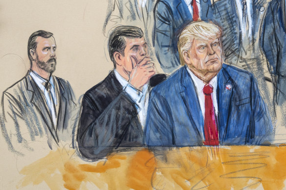 Sketch depicts Trump (right) conferring with defence lawyer Todd Blanche during his appearance at the Federal Courthouse in Washington DC on August 3.
