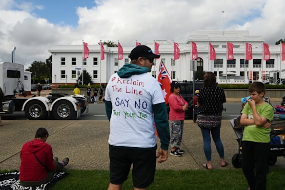 Protesters from the Convoy to Canberra rally at Old Parliament House.