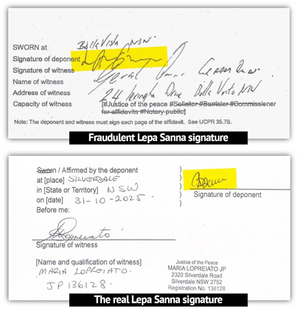 Lepa Sanna’s signature was forged on an affidavit presented to court falsely claiming she was in a mental health facility.