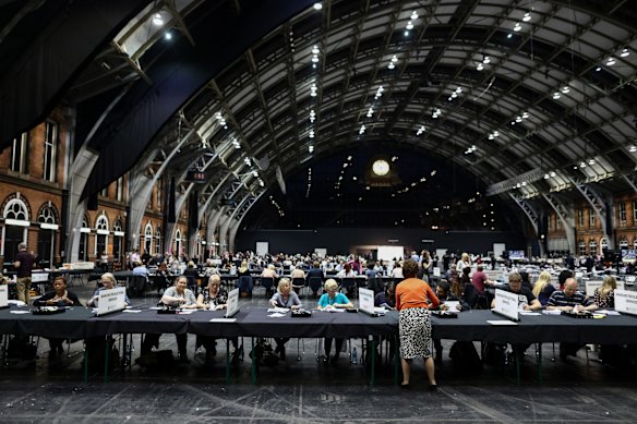 Tellers count ballot papers for the European Union (EU) referendum at Manchester Central Convention Complex in Manchester.