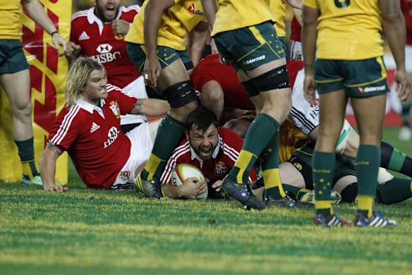 Lions player Alex Corbisiero after scoring the opening try.