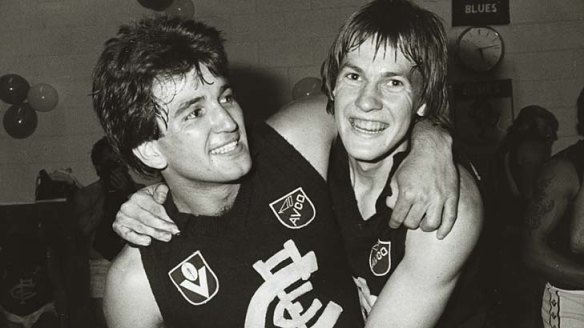 Premiership stars: Carlton stars Wayne Johnston (left) and David Glascott during their playing days.