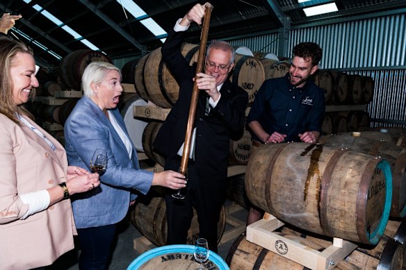 Prime Minister Scott Morrison visits Lark Distillery in Hobart in the seat of Bower. 
