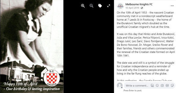 Celebration of the creation of the Nazi-backed state of Croatia 1941-1945 by the Melbourne Knights soccer club from a Facebook post.